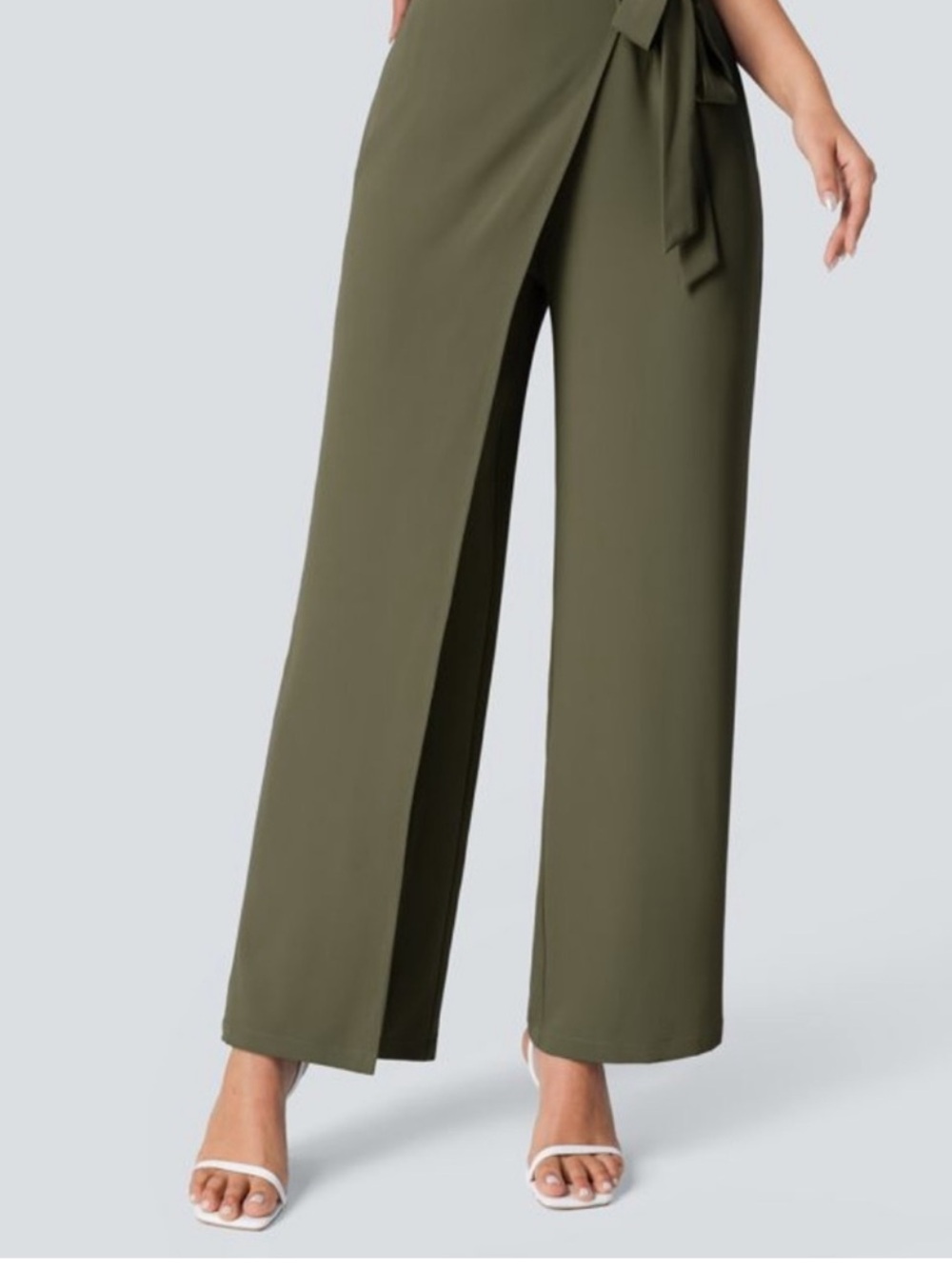 HALARA Olive Green Wide-Leg Wrap-Front Pants Sz M Front Tie Side Zip Elastic